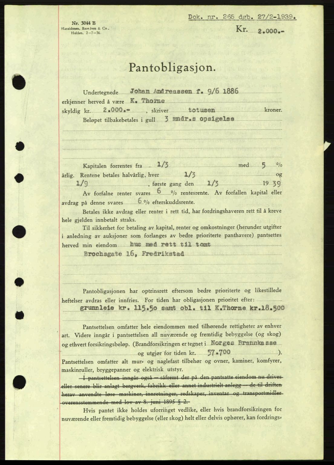 Fredrikstad byfogd, SAO/A-10473a/G/Ga/Gad/L0002: Pantebok nr. B2, 1938-1939, Dagboknr: 265/1939