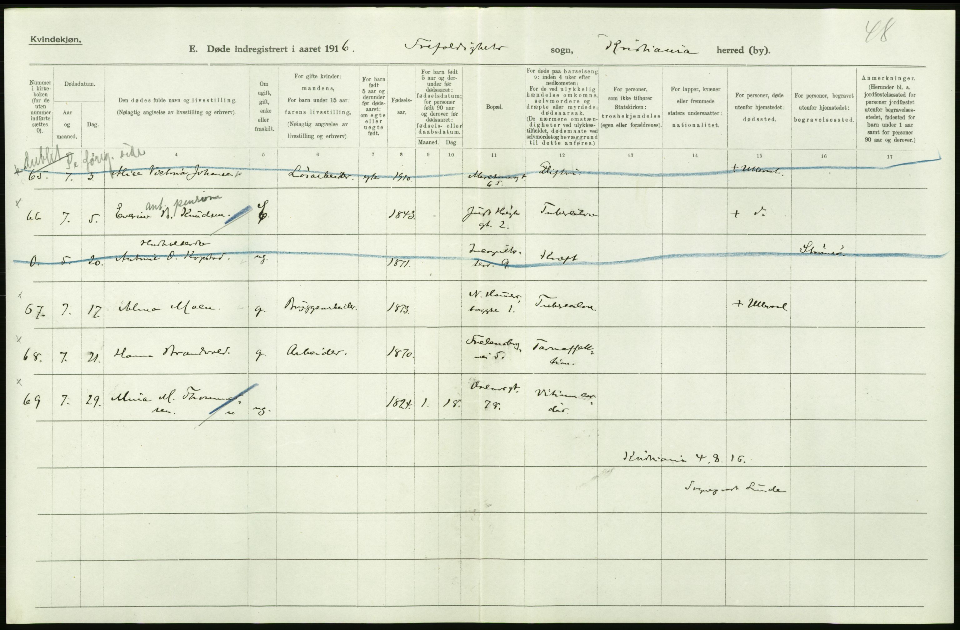 Statistisk sentralbyrå, Sosiodemografiske emner, Befolkning, AV/RA-S-2228/D/Df/Dfb/Dfbf/L0010: Kristiania: Døde, dødfødte., 1916, s. 130