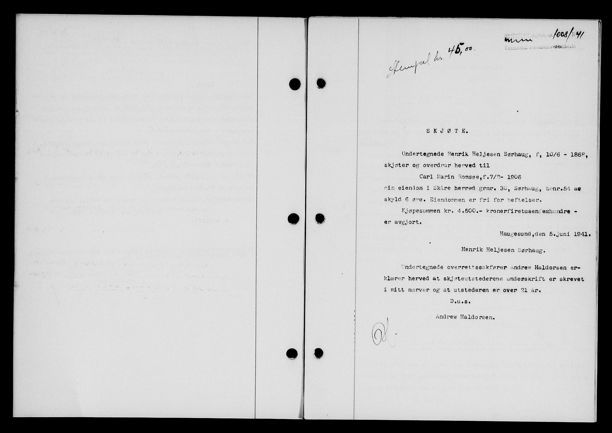 Karmsund sorenskriveri, SAST/A-100311/01/II/IIB/L0075: Pantebok nr. 56A, 1941-1941, Dagboknr: 1008/1941
