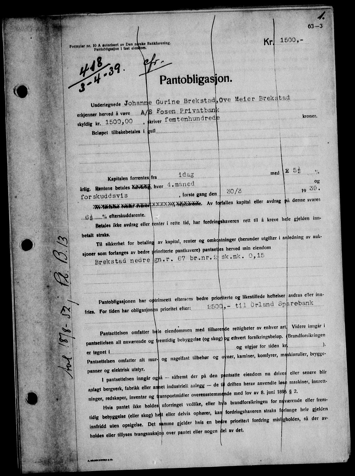 Fosen sorenskriveri, AV/SAT-A-1107/1/2/2C/L0090: Pantebok nr. 81, 1939-1939, s. 1