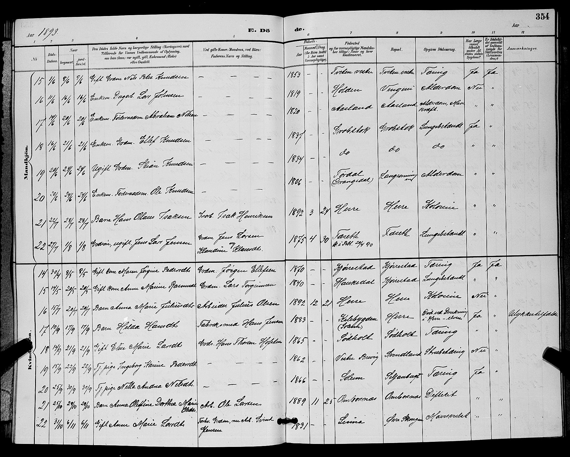 Bamble kirkebøker, AV/SAKO-A-253/G/Ga/L0009: Klokkerbok nr. I 9, 1888-1900, s. 354