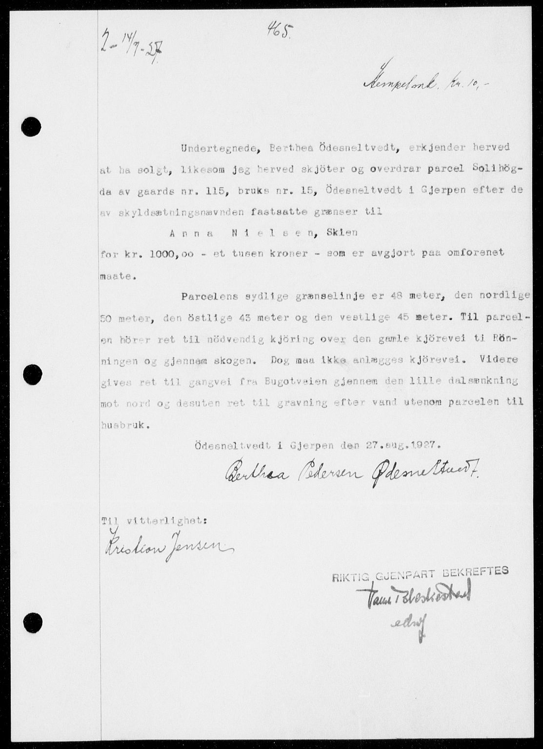 Gjerpen sorenskriveri, SAKO/A-216/G/Ga/Gaa/L0048: Pantebok nr. I 48 og 50-51, 1926-1928, Tingl.dato: 14.09.1927