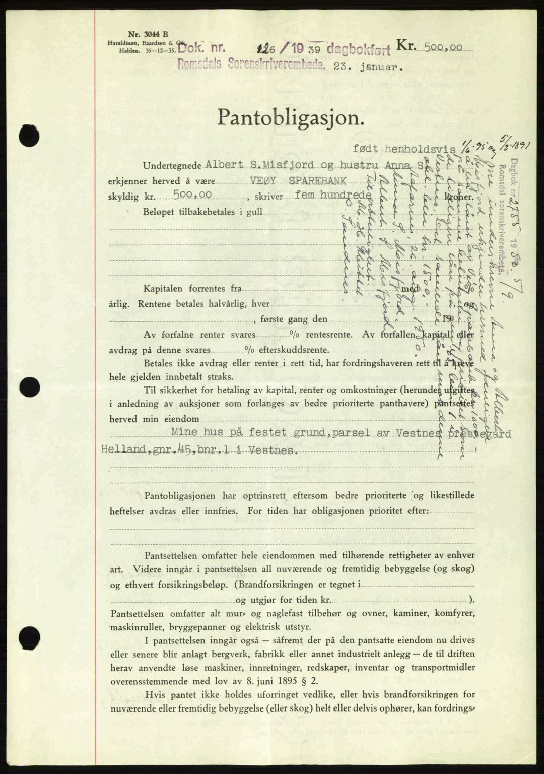 Romsdal sorenskriveri, SAT/A-4149/1/2/2C: Pantebok nr. B1, 1936-1939, Dagboknr: 126/1939