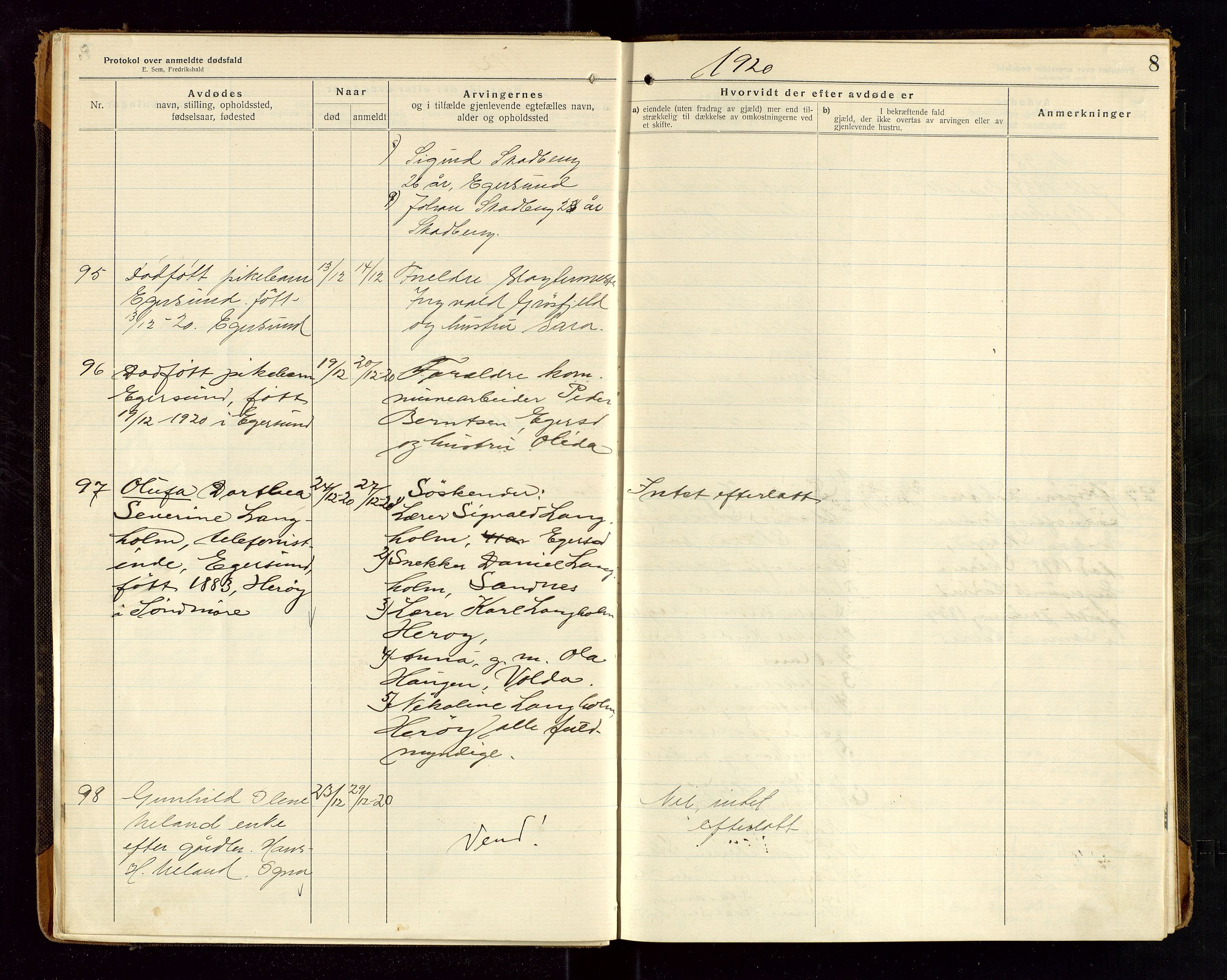 Eigersund lensmannskontor, SAST/A-100171/Gga/L0008: "Protokol over anmeldte dødsfald" m/alfabetisk navneregister, 1920-1922, s. 8