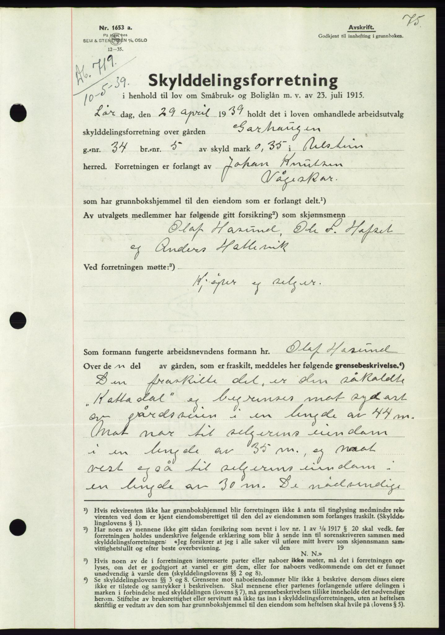 Søre Sunnmøre sorenskriveri, AV/SAT-A-4122/1/2/2C/L0068: Pantebok nr. 62, 1939-1939, Dagboknr: 719/1939