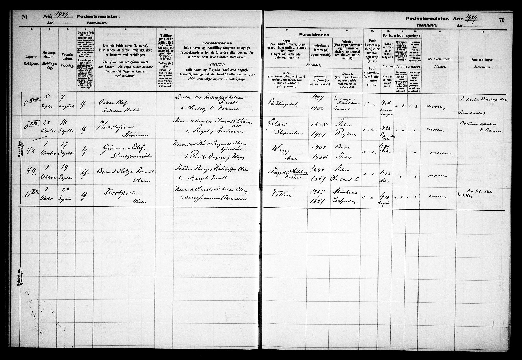 Asker prestekontor Kirkebøker, AV/SAO-A-10256a/J/L0002: Fødselsregister nr. 2, 1925-1938, s. 70