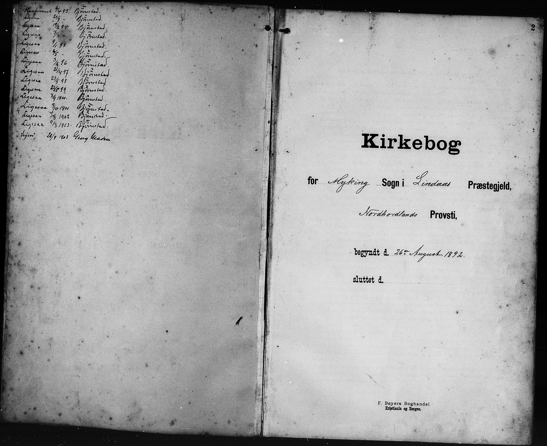 Lindås Sokneprestembete, AV/SAB-A-76701/H/Hab/Habe/L0003: Klokkerbok nr. E 3, 1892-1905, s. 2