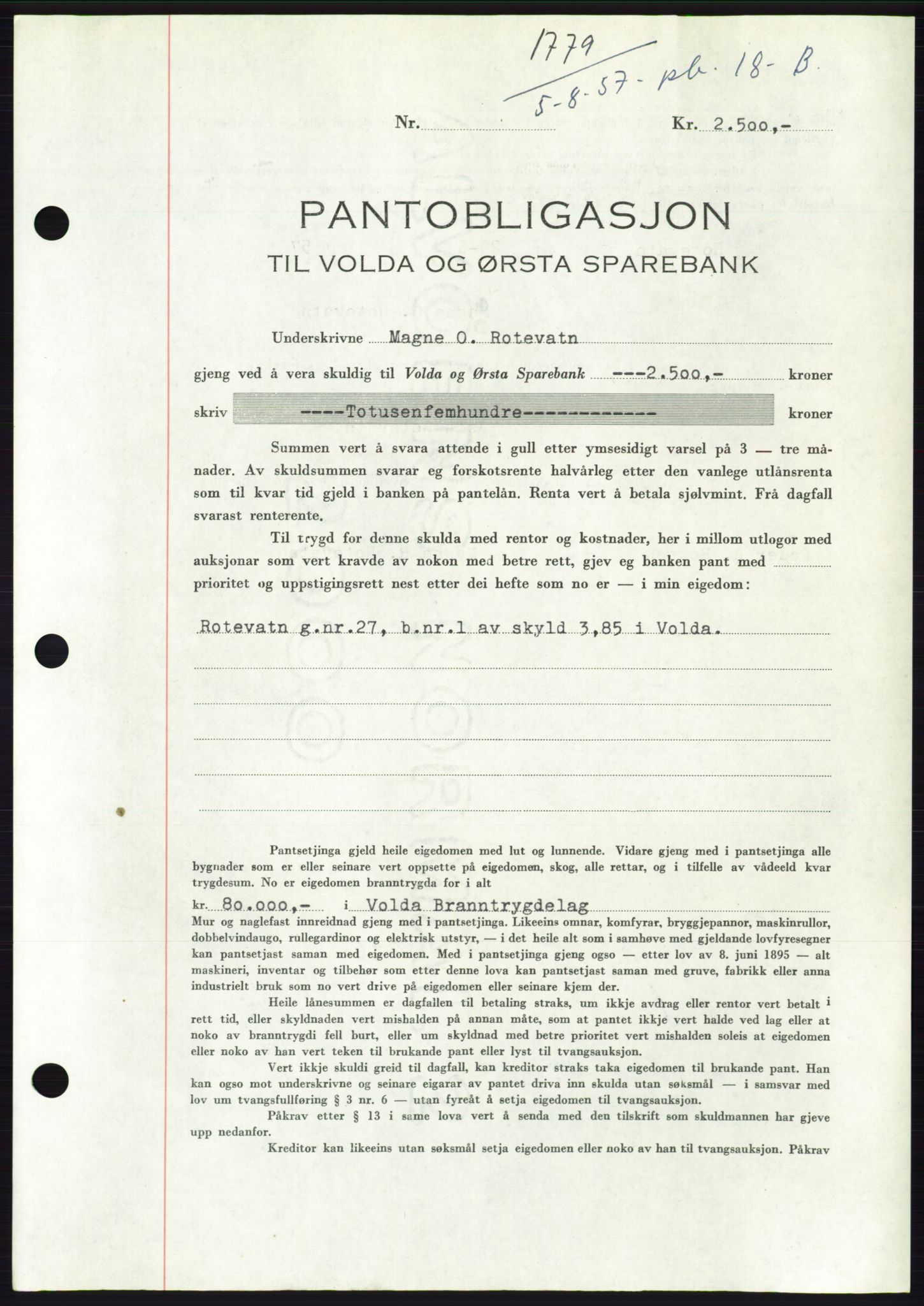 Søre Sunnmøre sorenskriveri, AV/SAT-A-4122/1/2/2C/L0130: Pantebok nr. 18B, 1957-1958, Dagboknr: 1779/1957