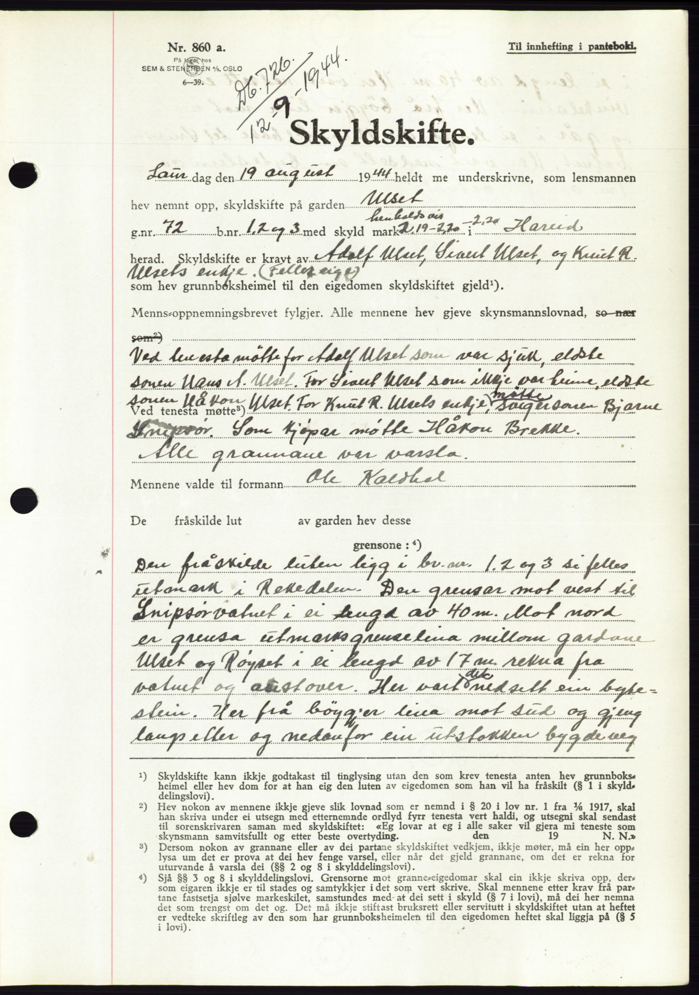 Søre Sunnmøre sorenskriveri, AV/SAT-A-4122/1/2/2C/L0076: Pantebok nr. 2A, 1943-1944, Dagboknr: 726/1944