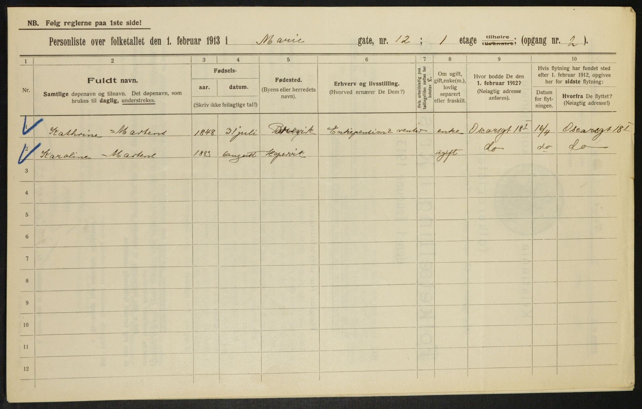 OBA, Kommunal folketelling 1.2.1913 for Kristiania, 1913, s. 62755