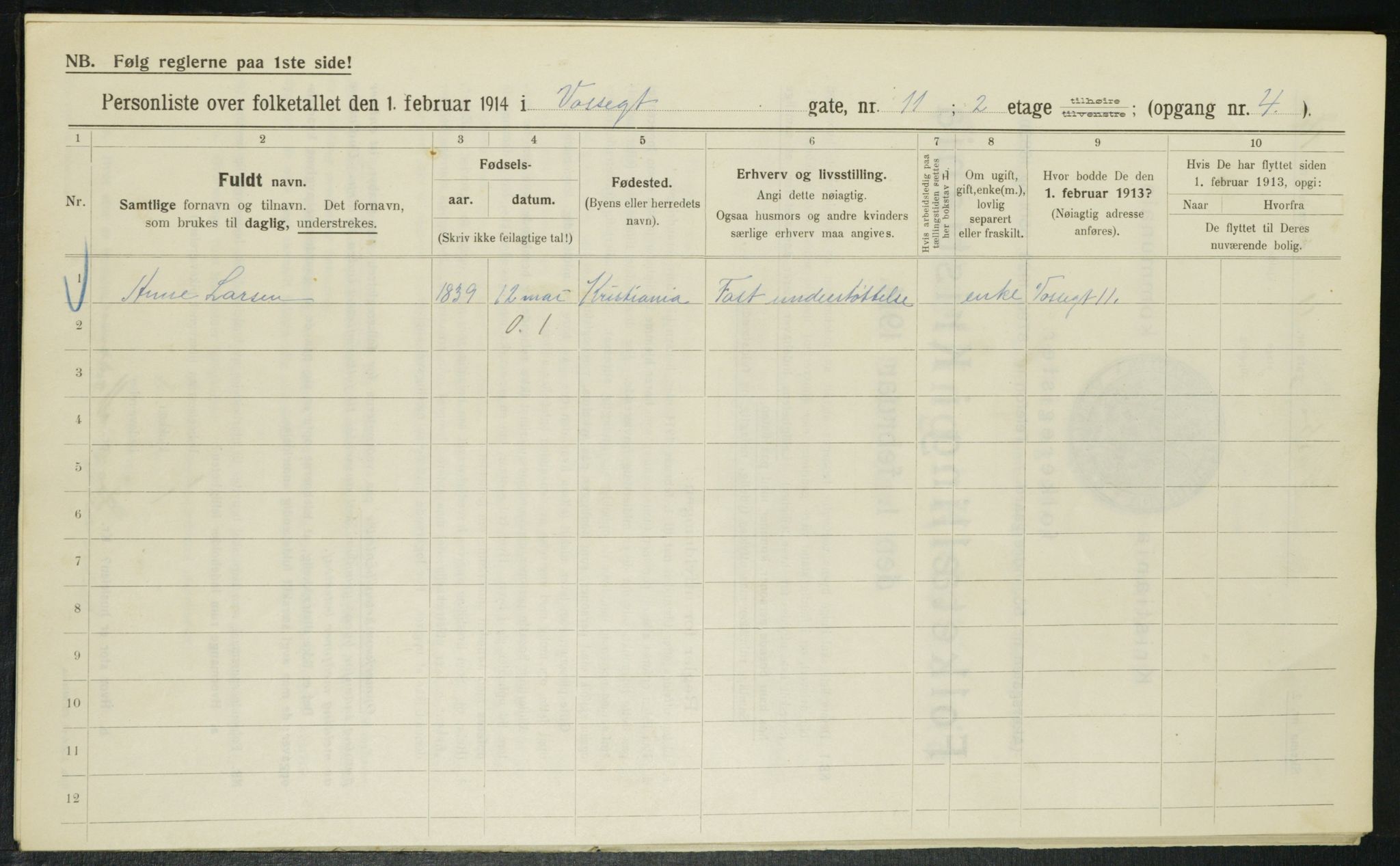 OBA, Kommunal folketelling 1.2.1914 for Kristiania, 1914, s. 126463