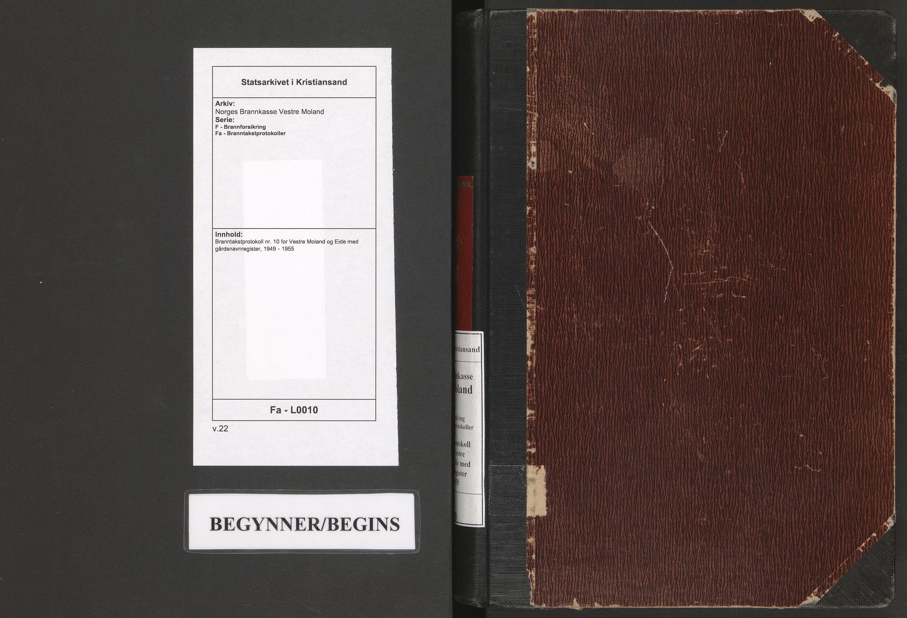 Norges Brannkasse Vestre Moland, SAK/2241-0056/F/Fa/L0010: Branntakstprotokoll nr. 10 for Vestre Moland og Eide med gårdsnavnregister, 1949-1955