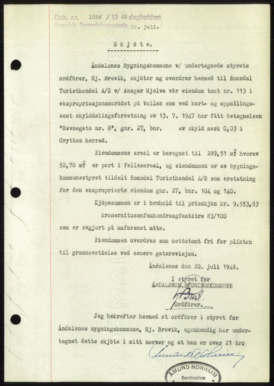 Romsdal sorenskriveri, SAT/A-4149/1/2/2C: Pantebok nr. A26, 1948-1948, Dagboknr: 1856/1948