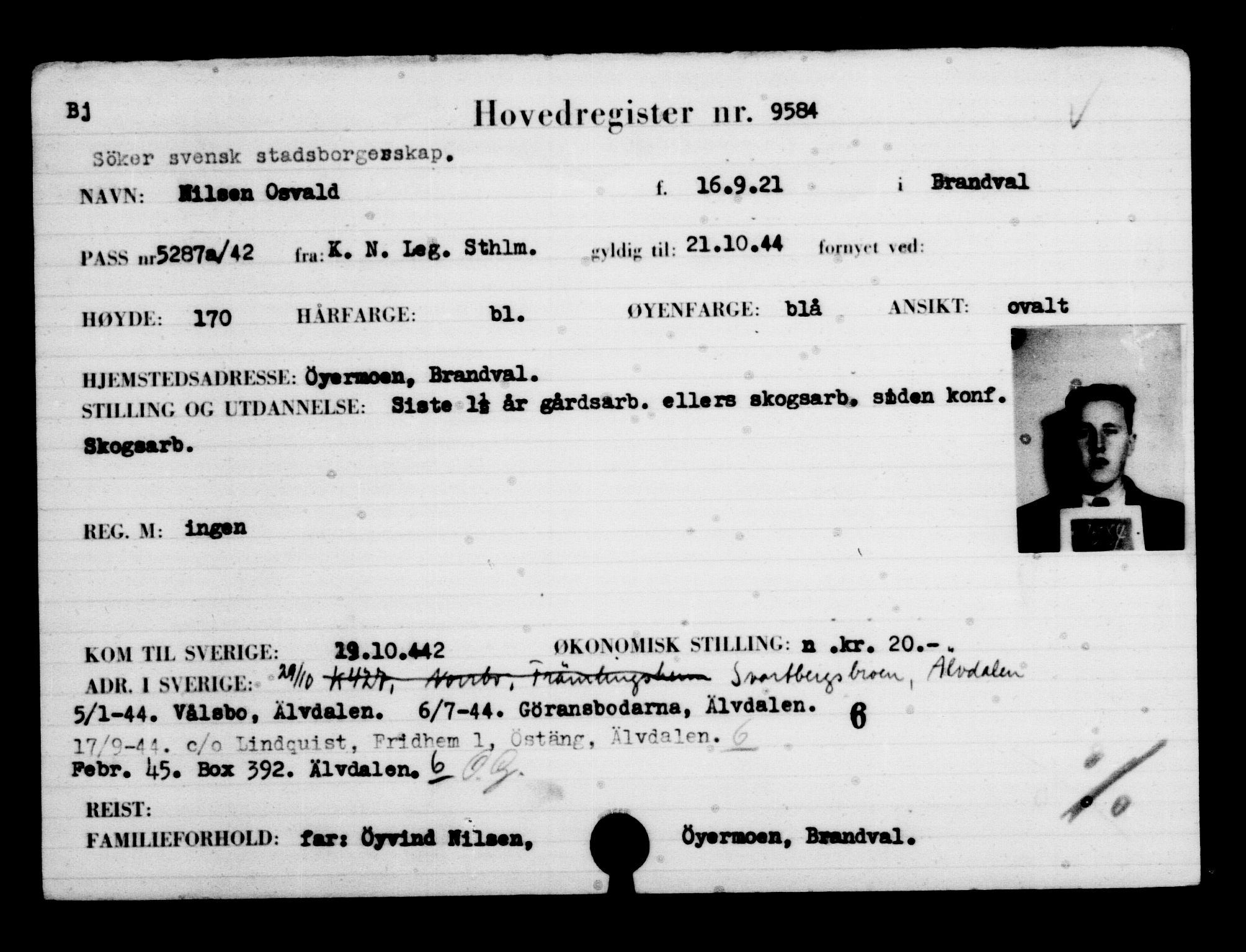 Utenriksstasjonene, Legasjonen i Stockholm, Flyktningkontoret, AV/RA-S-6753/V/Va/L0006: Kjesäterkartoteket, flyktninger med registreringsnr. 9400-12711, 1940-1945, s. 203