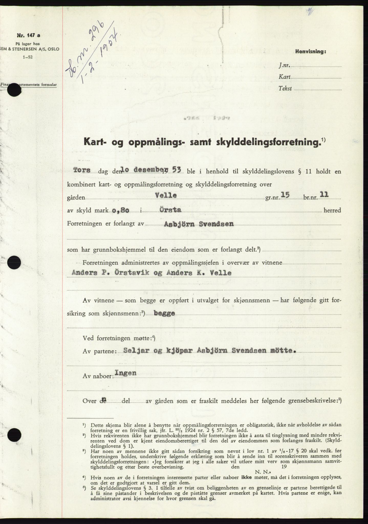 Søre Sunnmøre sorenskriveri, SAT/A-4122/1/2/2C/L0097: Pantebok nr. 23A, 1954-1954, Dagboknr: 296/1954