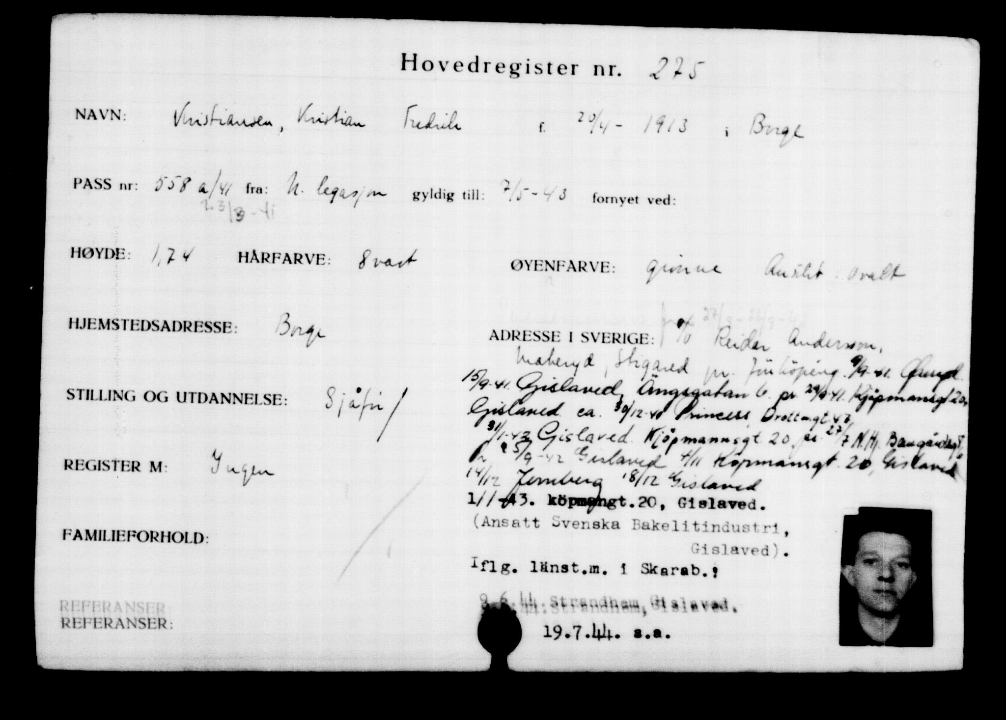 Utenriksstasjonene, Legasjonen i Stockholm, Flyktningkontoret, AV/RA-S-6753/V/Va/L0001: Kjesäterkartoteket, flyktninger med registreringsnr. 1-1000, 1940-1945, s. 438