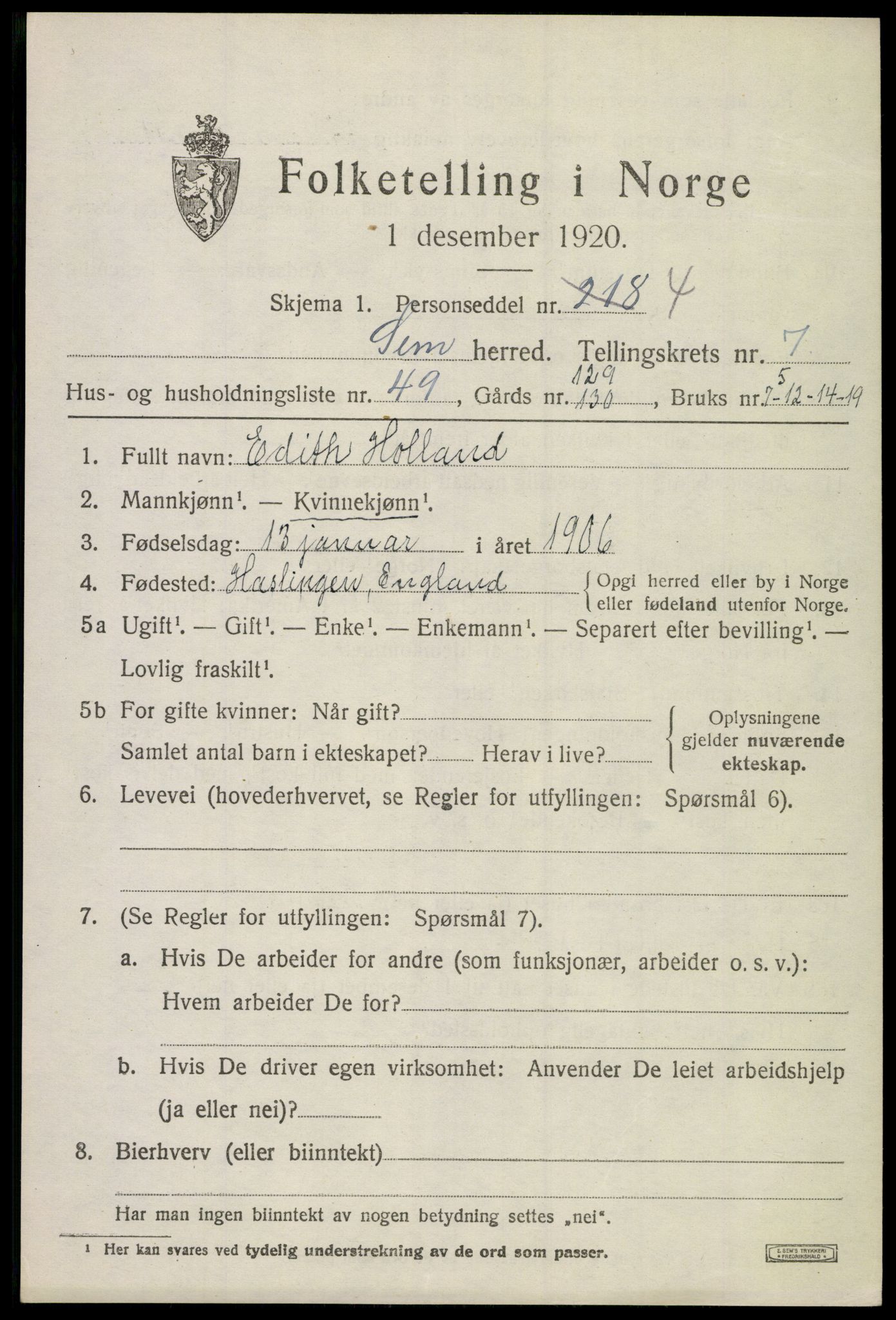 SAKO, Folketelling 1920 for 0721 Sem herred, 1920, s. 10777