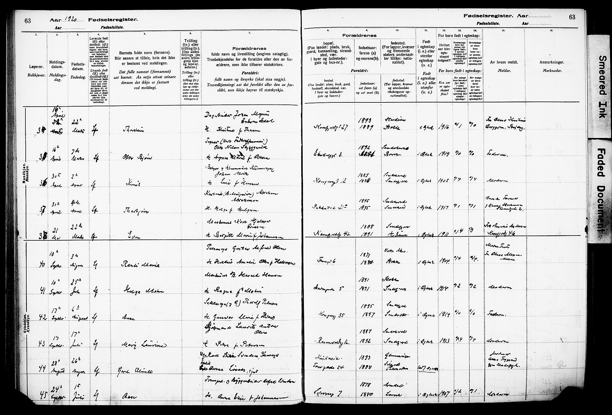 Sandefjord kirkebøker, AV/SAKO-A-315/J/Ja/L0001: Fødselsregister nr. 1, 1916-1932, s. 63