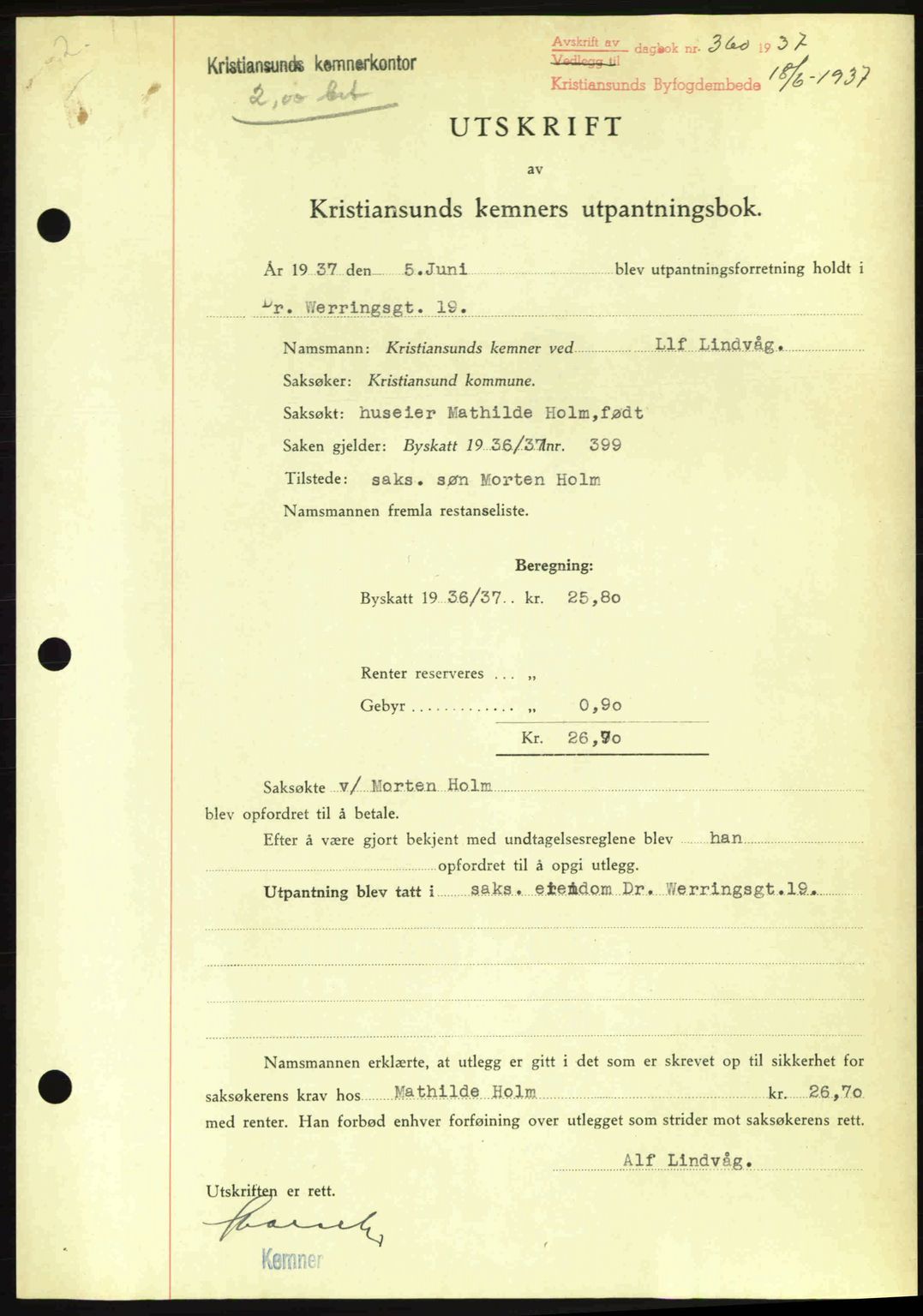 Kristiansund byfogd, SAT/A-4587/A/27: Pantebok nr. 29, 1936-1937, Dagboknr: 360/1937