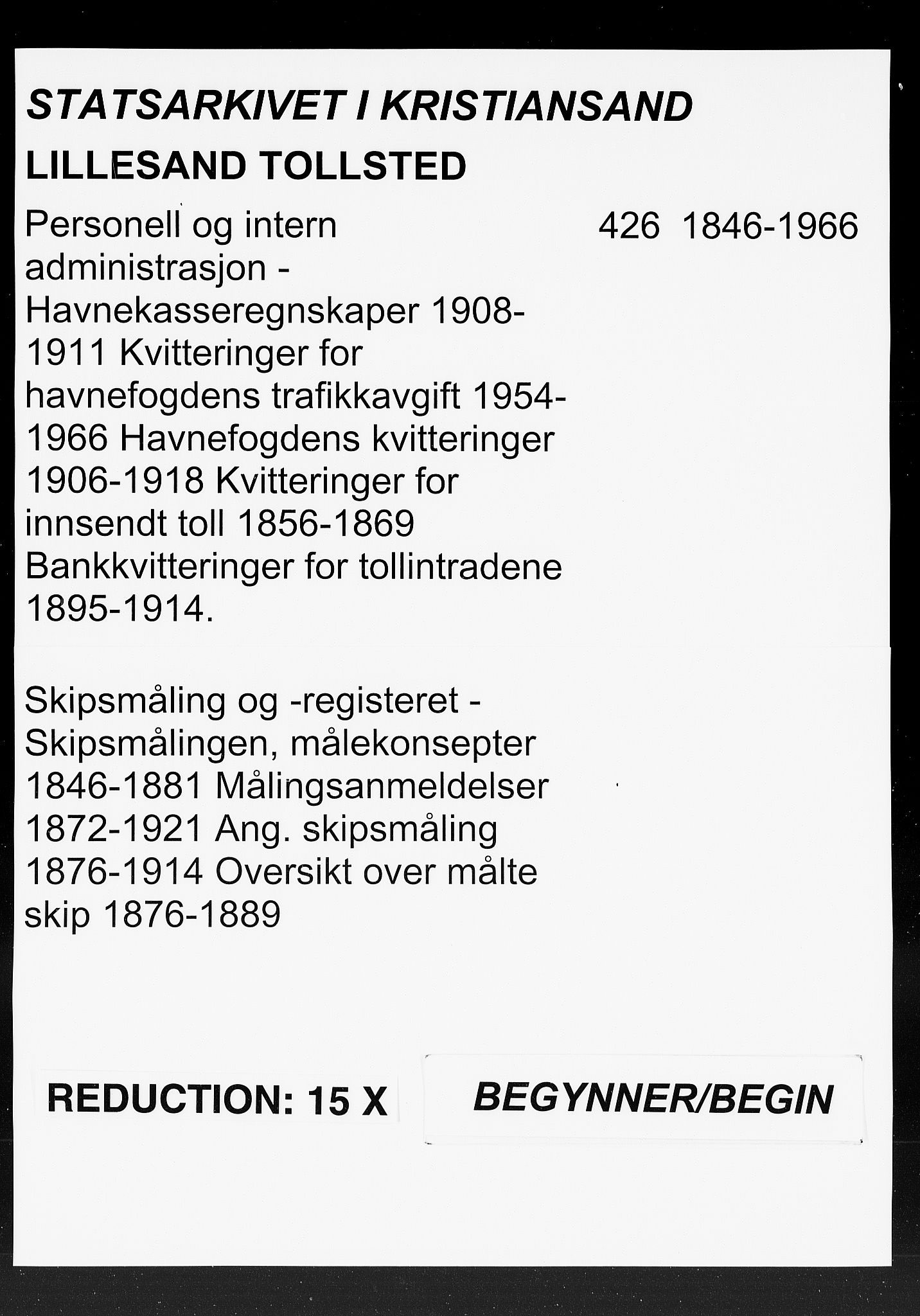 Lillesand tollsted, SAK/1351-0008/H/Ha/L0426: Skipsmåling, 1846-1966, s. 1