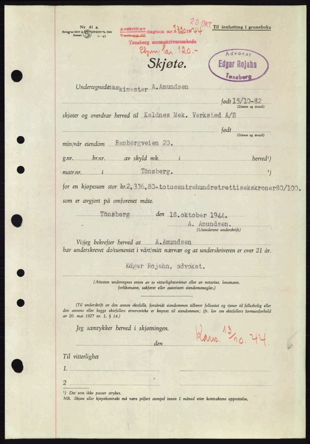 Tønsberg sorenskriveri, AV/SAKO-A-130/G/Ga/Gaa/L0016: Pantebok nr. A16, 1944-1945, Dagboknr: 2320/1944