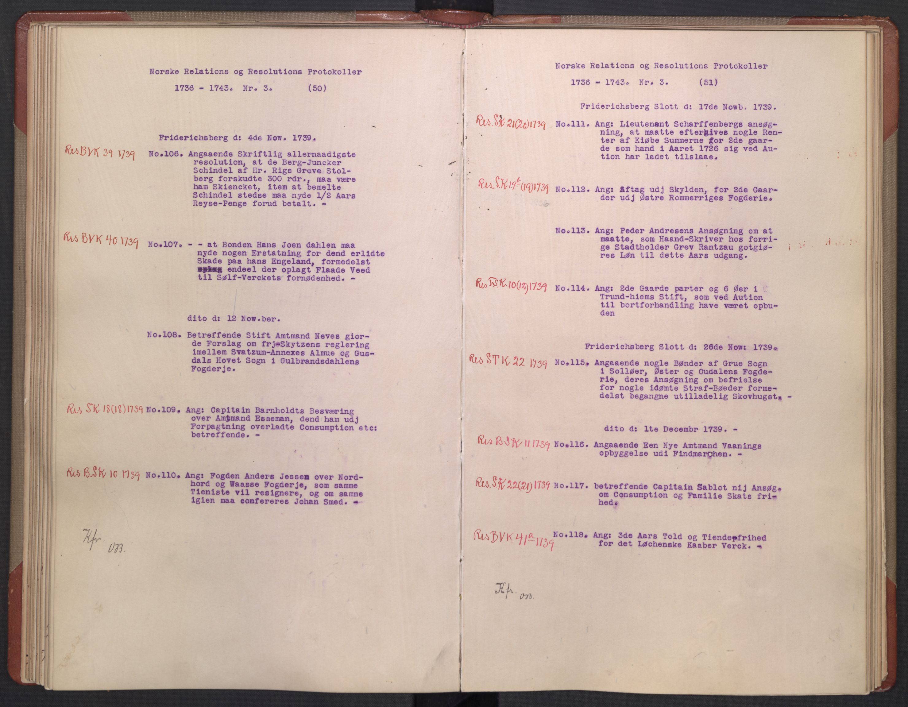 Avskriftsamlingen, AV/RA-EA-4022/F/Fb/L0117: Registratur over norske Relasjons- og  resolusjonsprotokoller, 1736-1743, s. 52