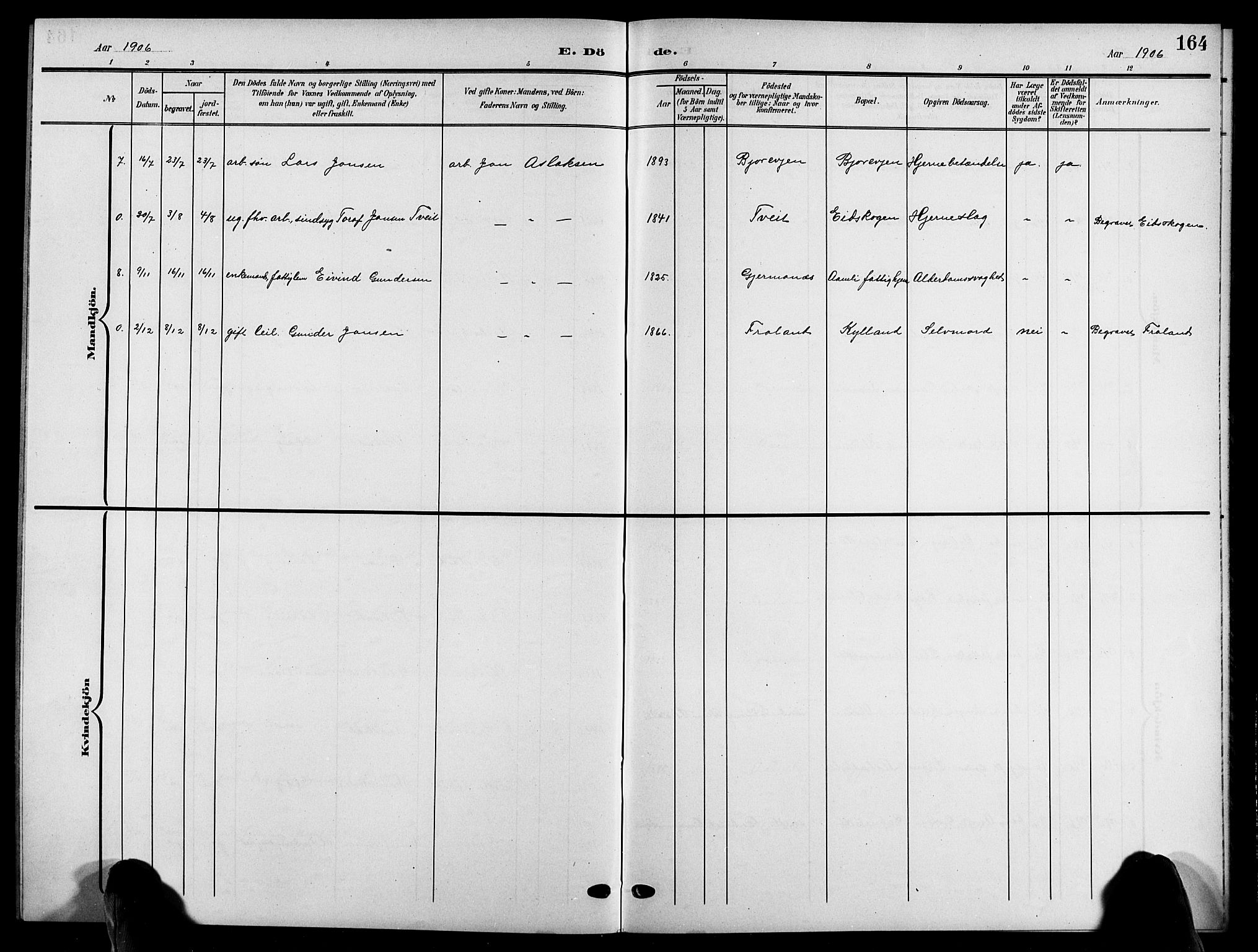 Åmli sokneprestkontor, AV/SAK-1111-0050/F/Fb/Fbc/L0005: Klokkerbok nr. B 5, 1903-1916, s. 164
