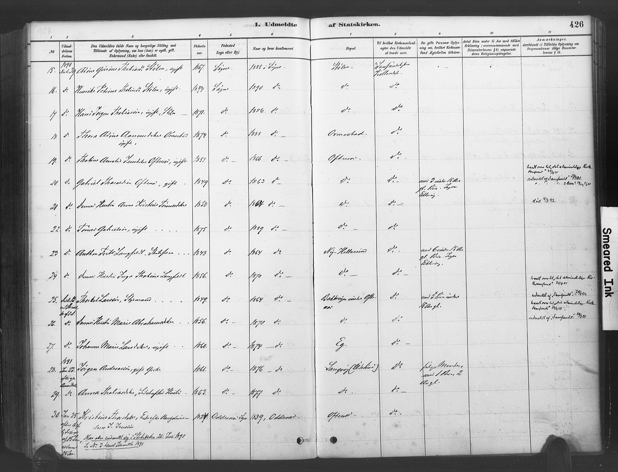 Søgne sokneprestkontor, SAK/1111-0037/F/Fa/Fab/L0012: Ministerialbok nr. A 12, 1880-1891, s. 426
