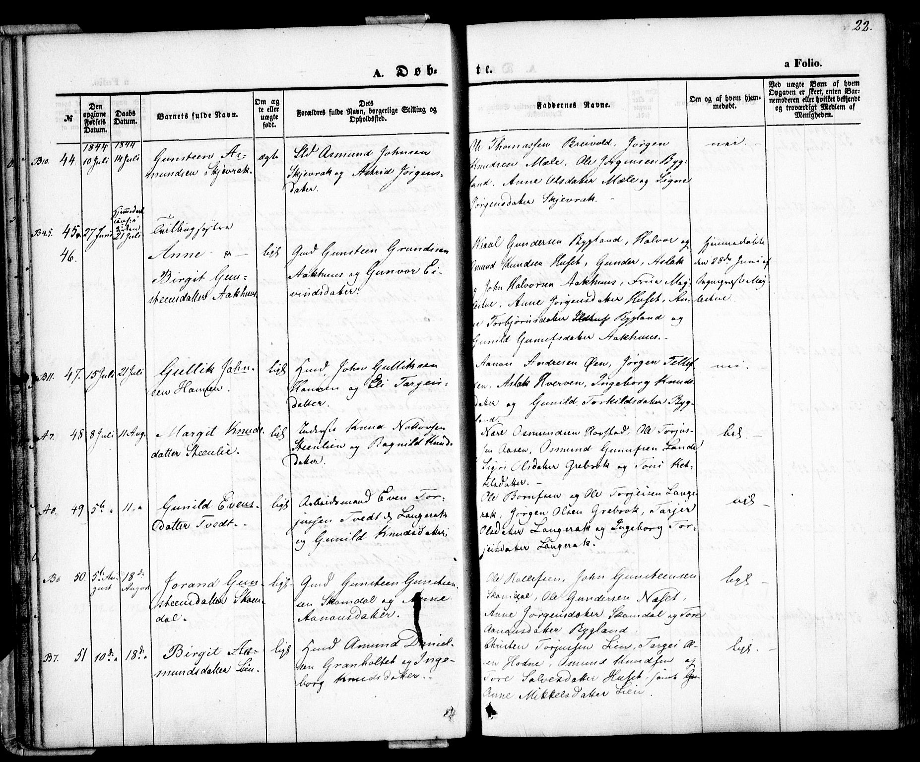 Bygland sokneprestkontor, AV/SAK-1111-0006/F/Fa/Fab/L0004: Ministerialbok nr. A 4, 1842-1858, s. 22