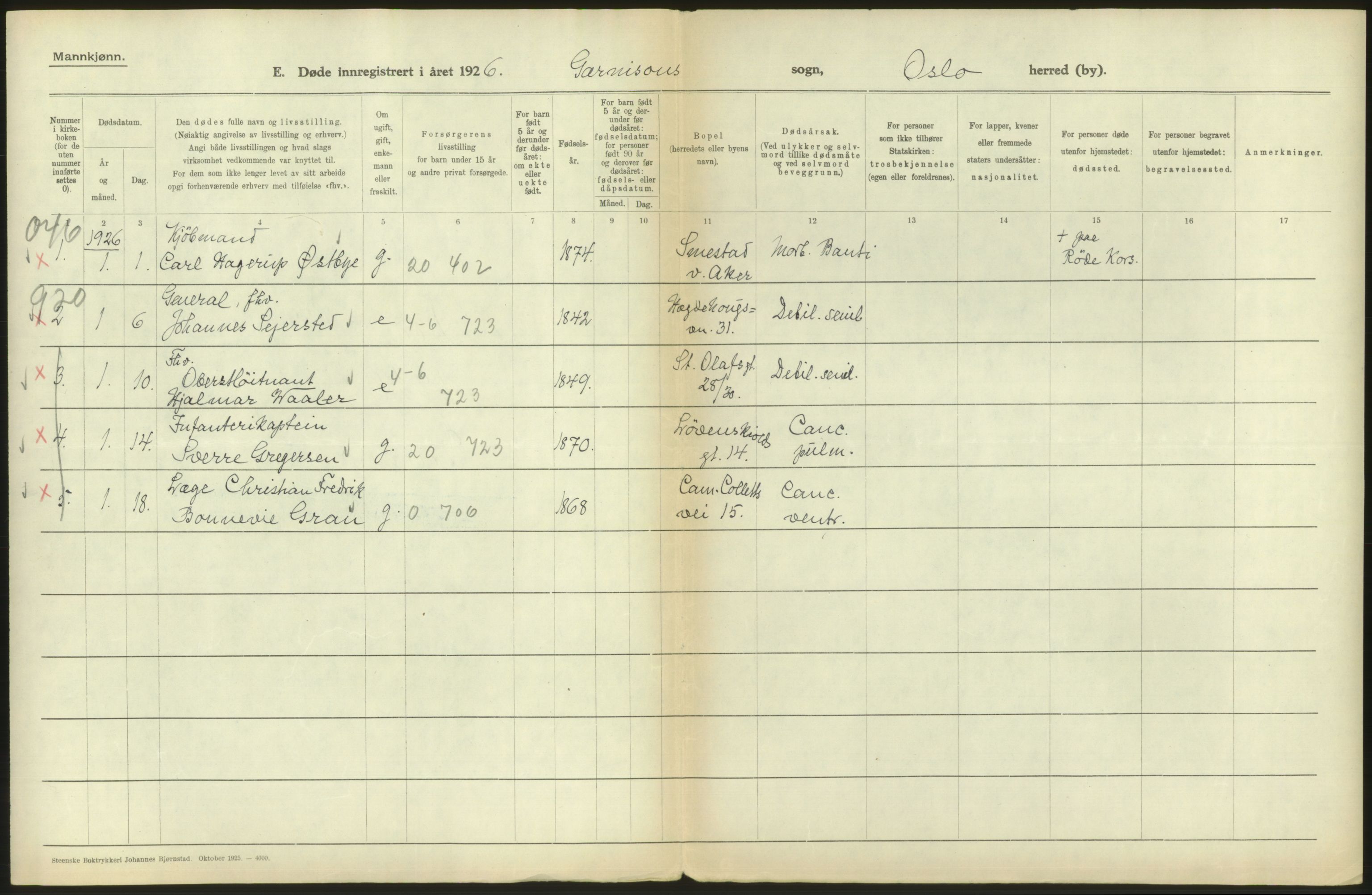 Statistisk sentralbyrå, Sosiodemografiske emner, Befolkning, AV/RA-S-2228/D/Df/Dfc/Dfcf/L0009: Oslo: Døde menn, 1926, s. 390