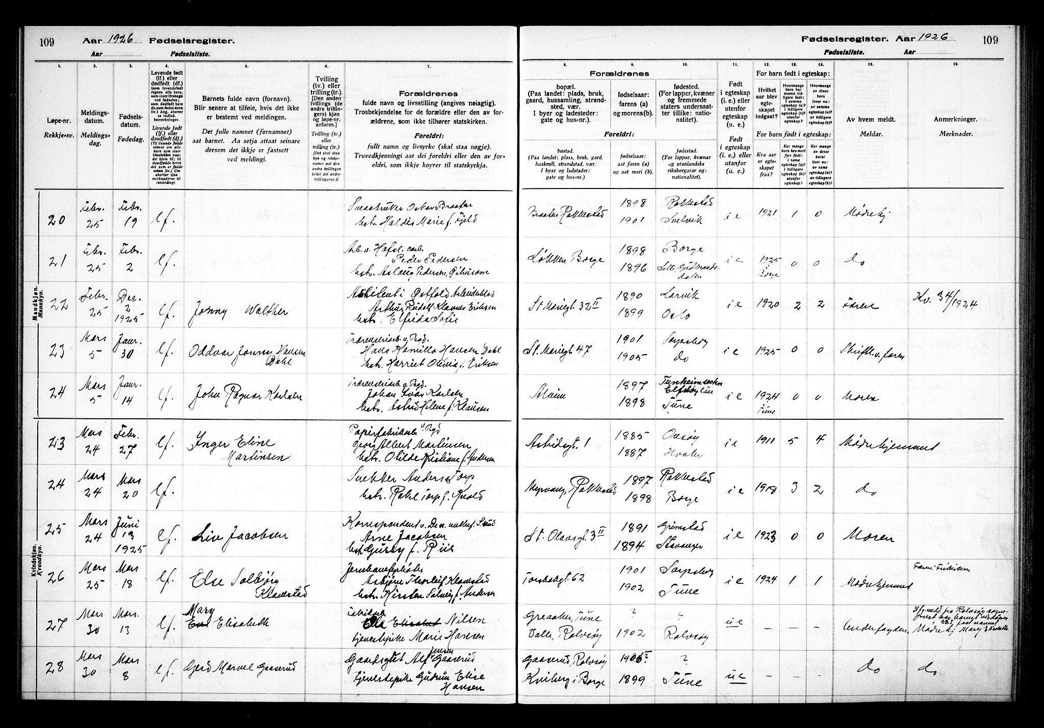 Sarpsborg prestekontor Kirkebøker, AV/SAO-A-2006/J/Ja/L0002: Fødselsregister nr. 2, 1922-1928, s. 109