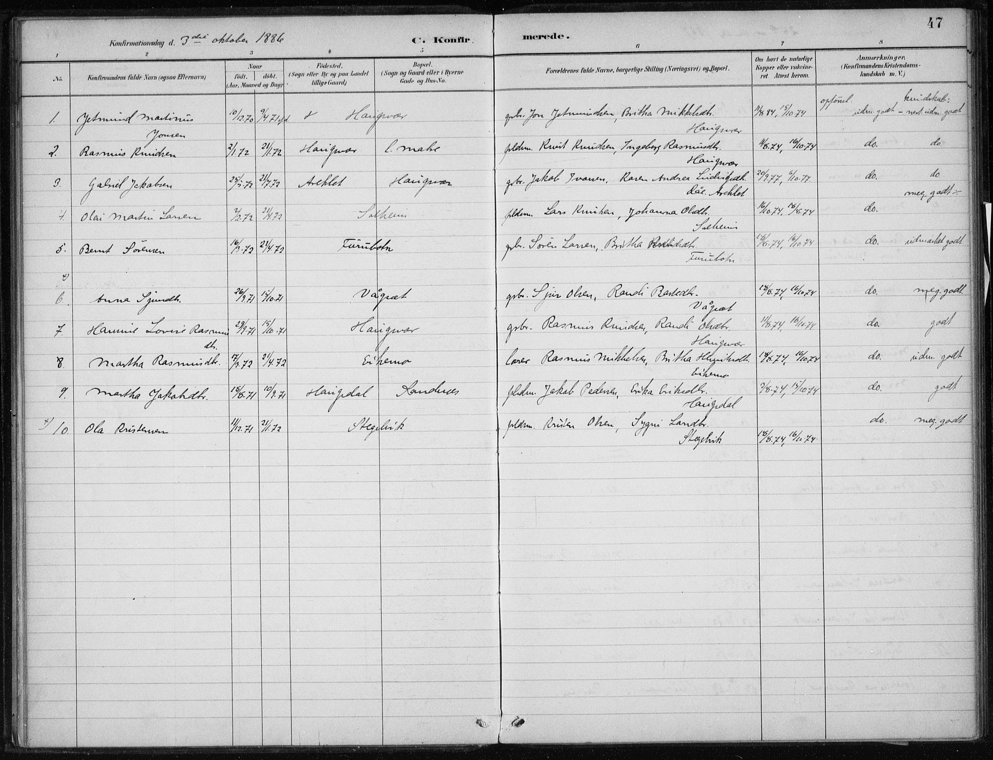 Masfjorden sokneprestembete, AV/SAB-A-77001: Ministerialbok nr. C  1, 1882-1896, s. 47