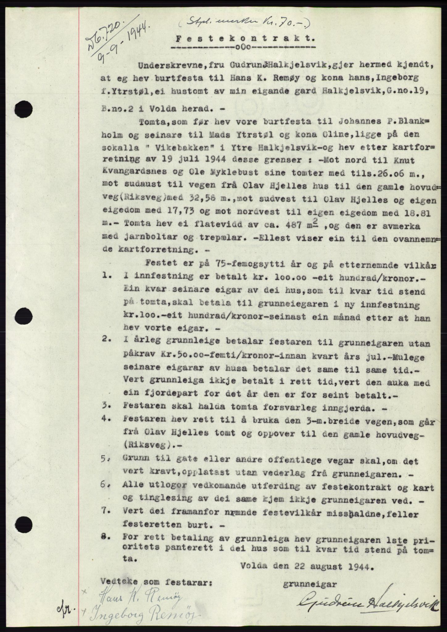 Søre Sunnmøre sorenskriveri, SAT/A-4122/1/2/2C/L0076: Pantebok nr. 2A, 1943-1944, Dagboknr: 720/1944