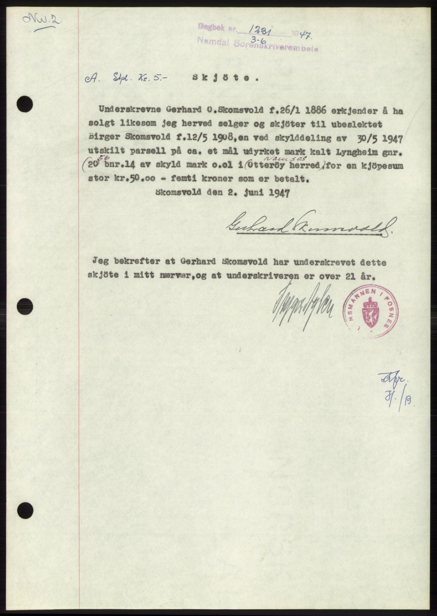Namdal sorenskriveri, SAT/A-4133/1/2/2C: Pantebok nr. -, 1947-1947, Dagboknr: 1231/1947