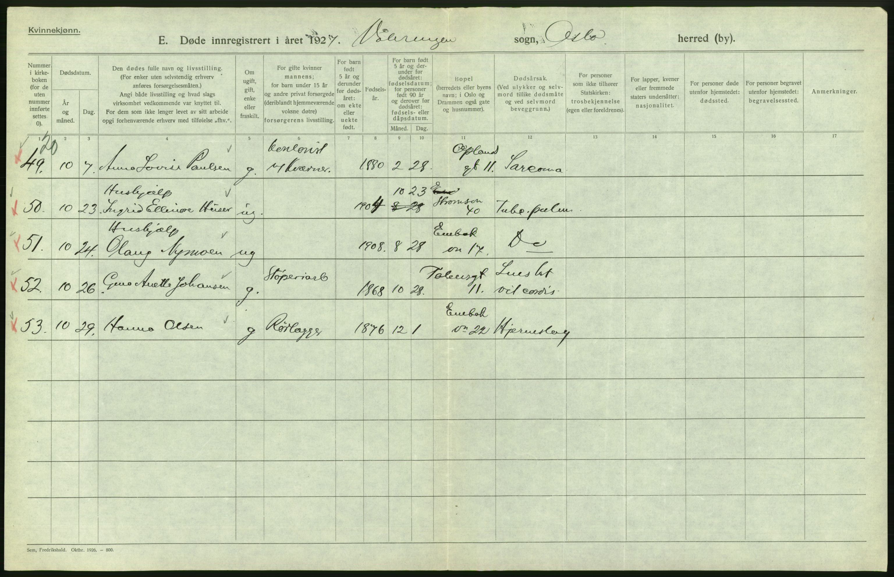 Statistisk sentralbyrå, Sosiodemografiske emner, Befolkning, AV/RA-S-2228/D/Df/Dfc/Dfcg/L0010: Oslo: Døde kvinner, dødfødte, 1927, s. 490