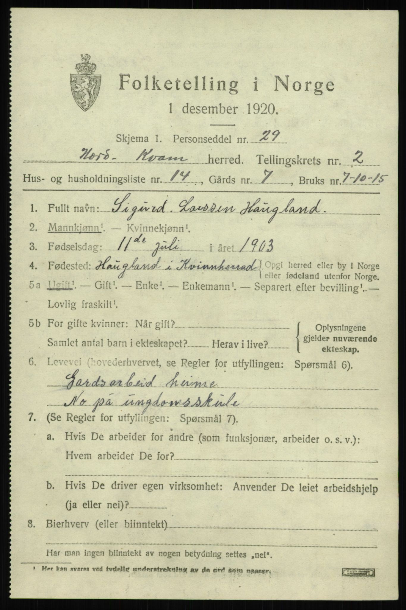 SAB, Folketelling 1920 for 1238 Kvam herred, 1920, s. 2027