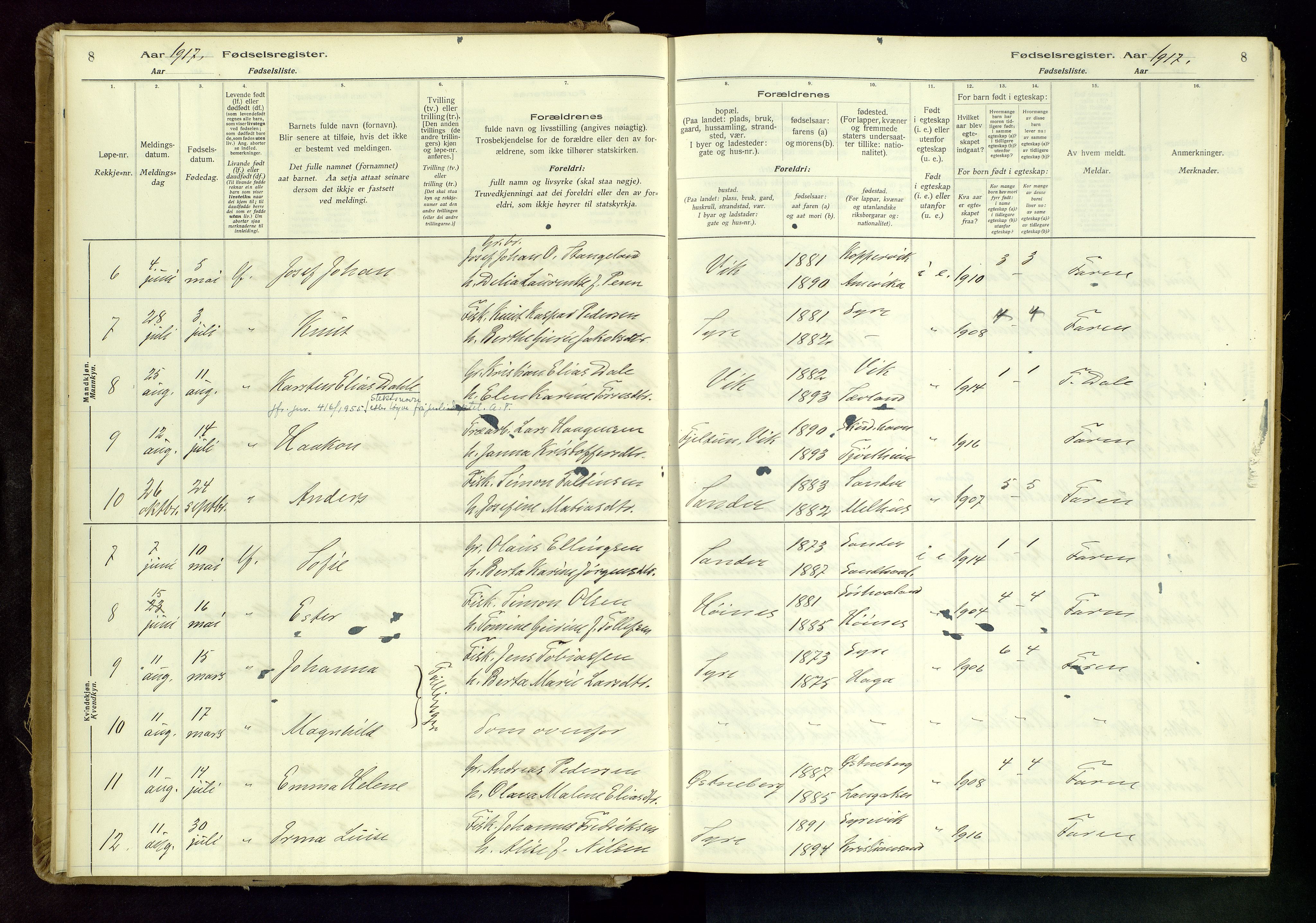 Skudenes sokneprestkontor, AV/SAST-A -101849/I/Id/L0001: Fødselsregister nr. 1, 1916-1964, s. 8