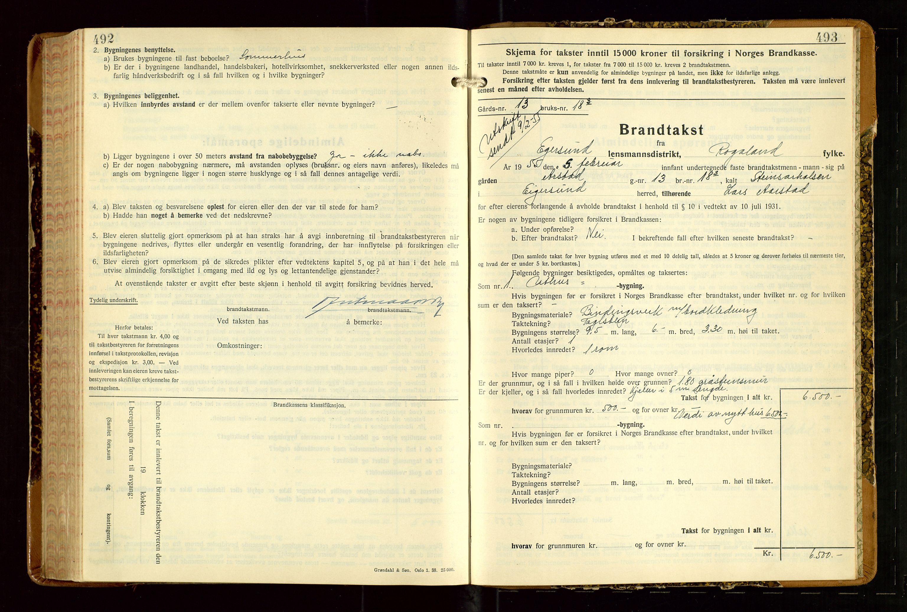 Eigersund lensmannskontor, AV/SAST-A-100171/Gob/L0007: "Brandtakstprotokoll", 1938-1955, s. 492-493