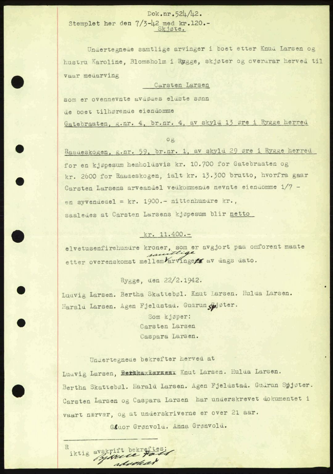Moss sorenskriveri, SAO/A-10168: Pantebok nr. A9, 1941-1942, Dagboknr: 524/1942