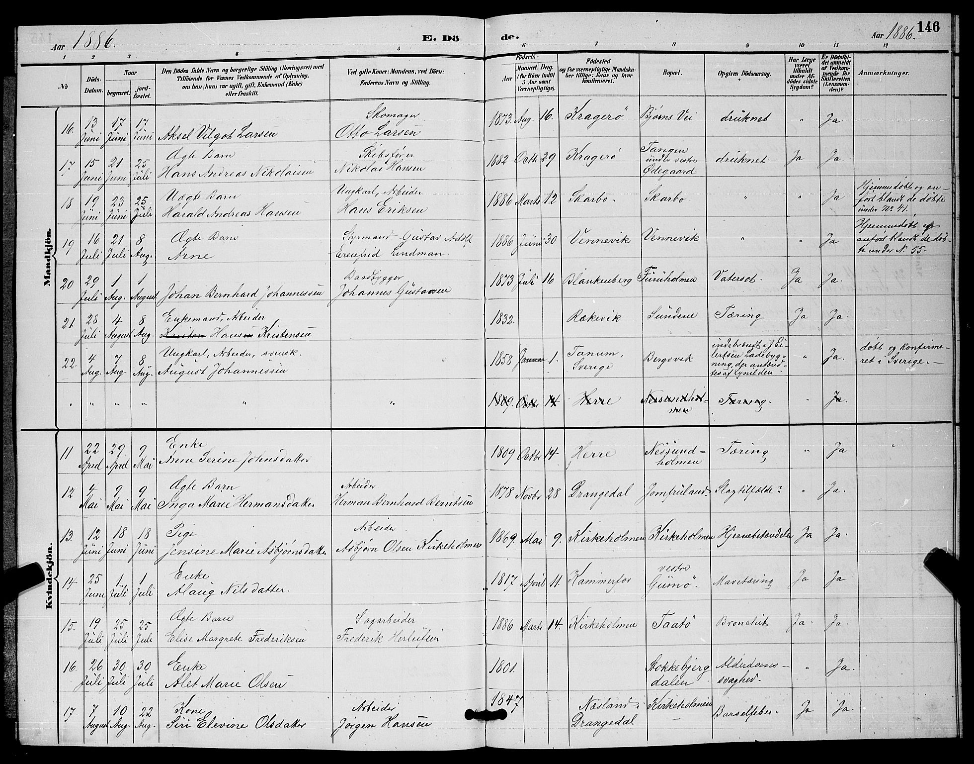 Skåtøy kirkebøker, AV/SAKO-A-304/G/Ga/L0003: Klokkerbok nr. I 3, 1884-1898, s. 146