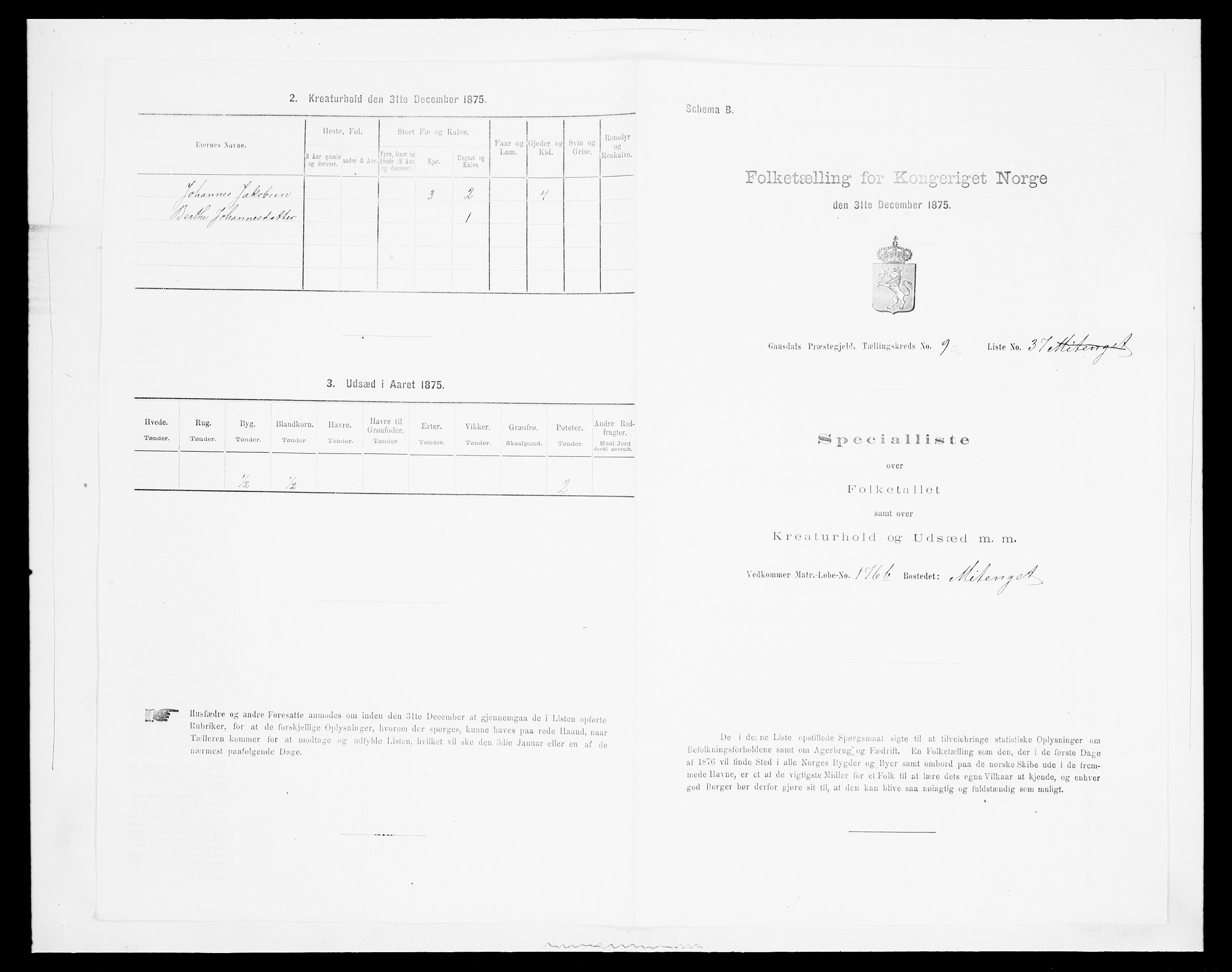 SAH, Folketelling 1875 for 0522P Gausdal prestegjeld, 1875, s. 1591