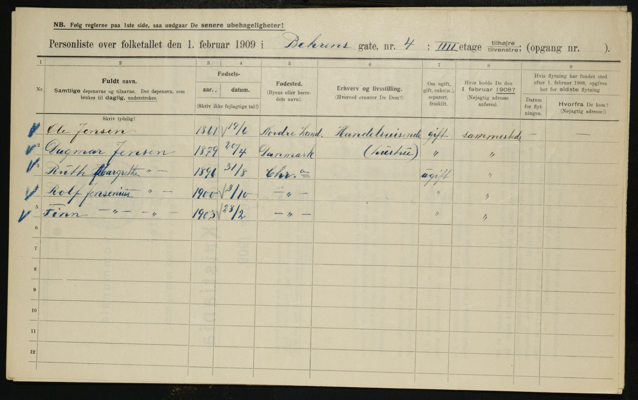 OBA, Kommunal folketelling 1.2.1909 for Kristiania kjøpstad, 1909, s. 3144