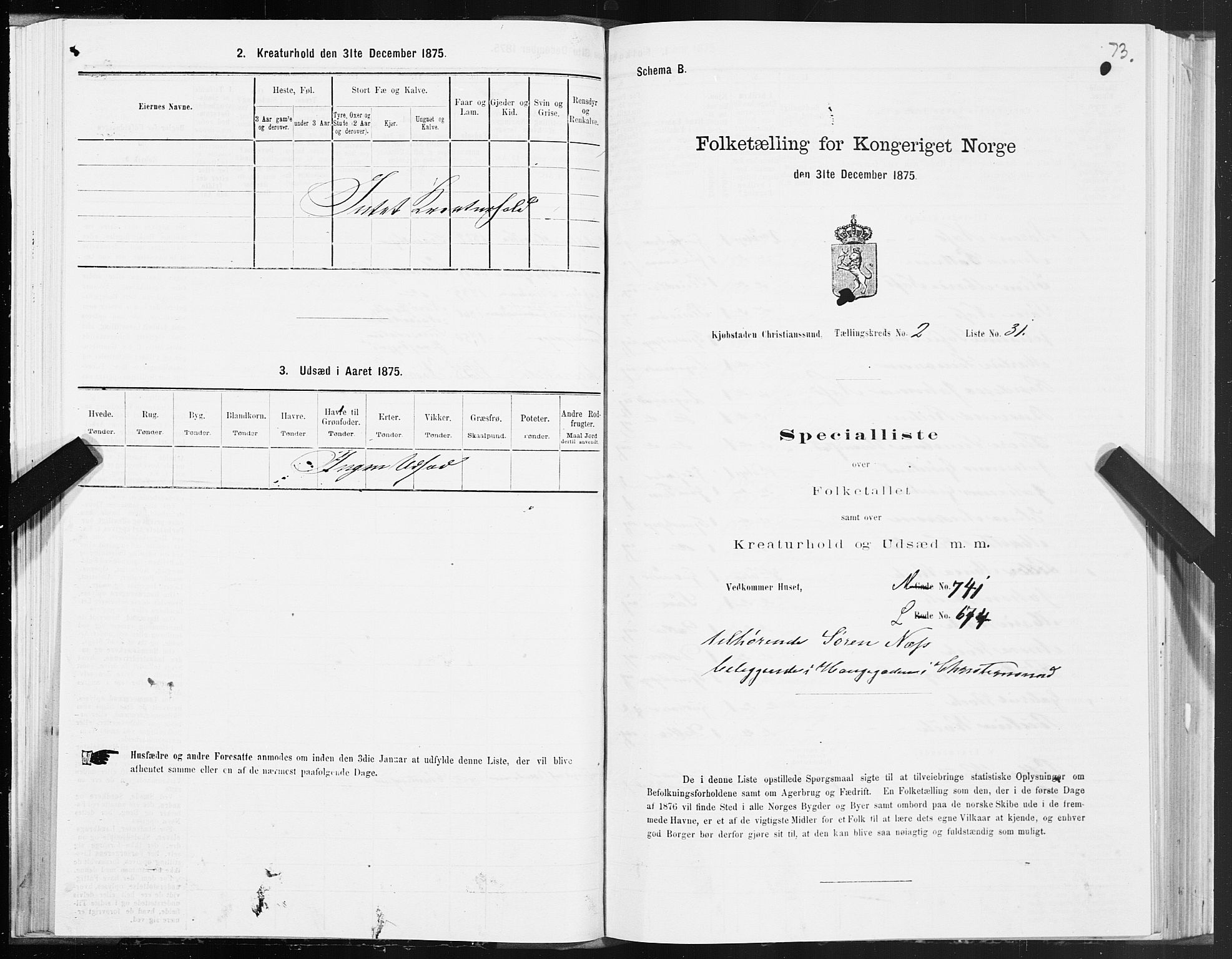 SAT, Folketelling 1875 for 1503B Kristiansund prestegjeld, Kristiansund kjøpstad, 1875, s. 2073