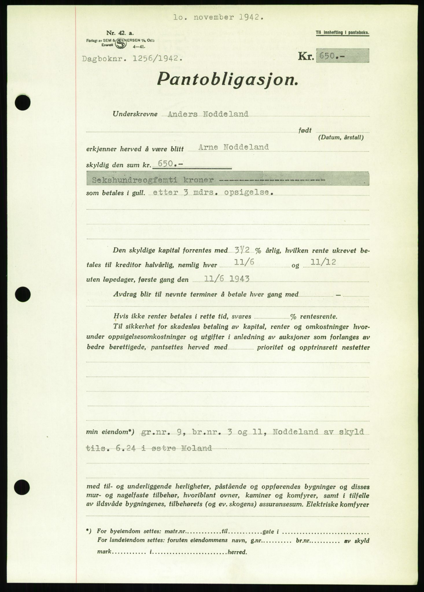 Nedenes sorenskriveri, SAK/1221-0006/G/Gb/Gbb/L0002: Pantebok nr. II, 1942-1945, Dagboknr: 1256/1942