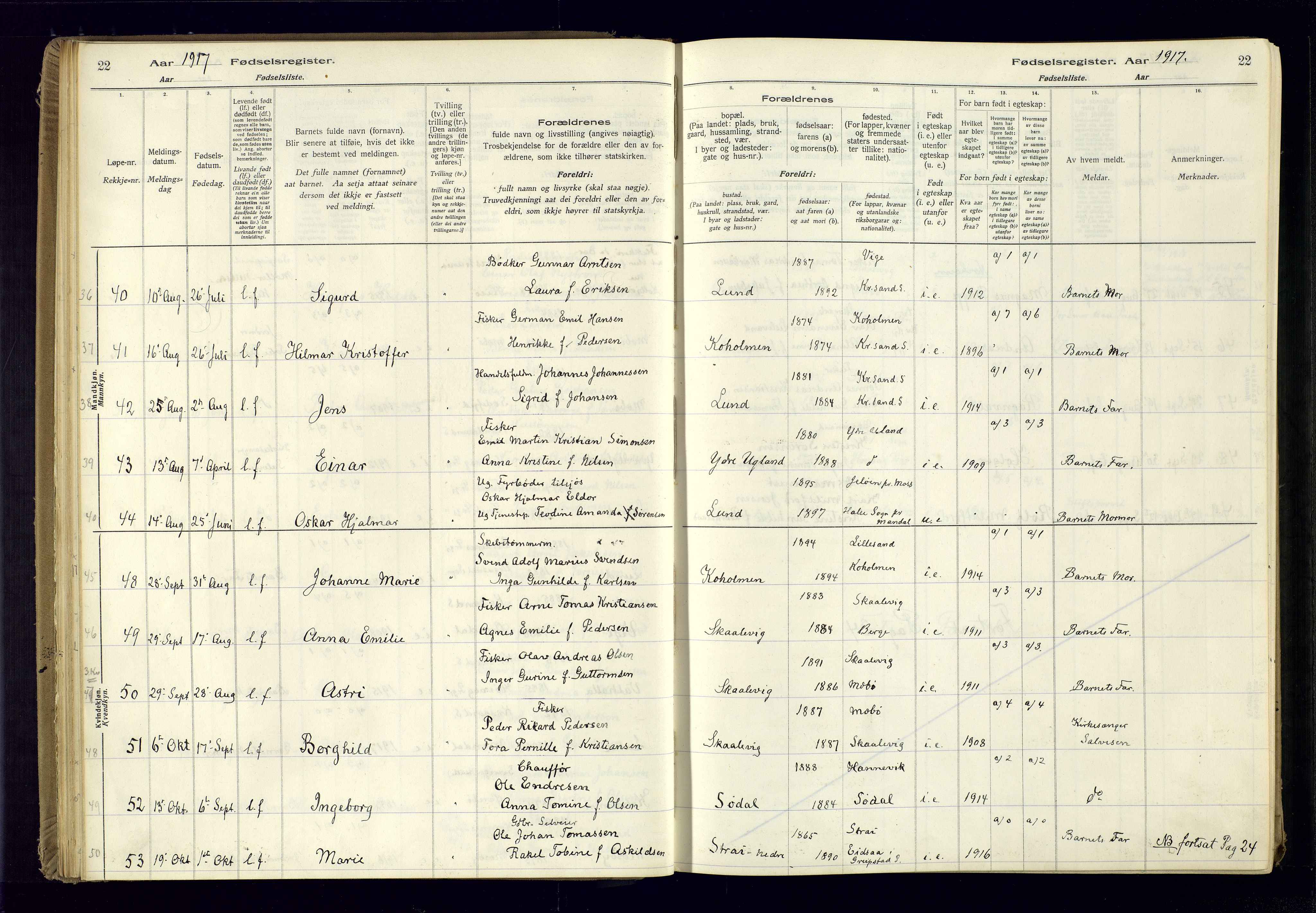 Oddernes sokneprestkontor, AV/SAK-1111-0033/J/Ja/L0001: Fødselsregister nr. 1, 1916-1935, s. 22