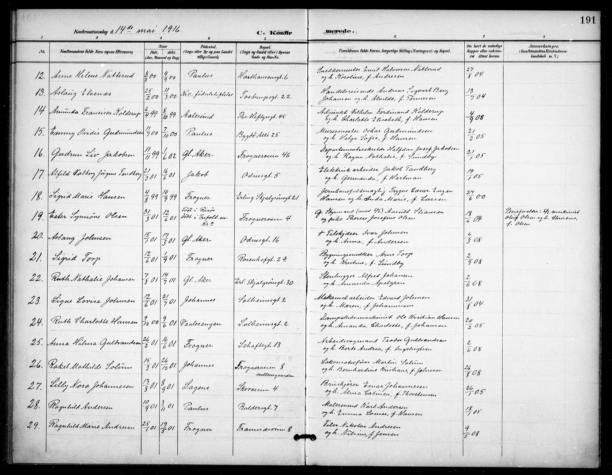 Frogner prestekontor Kirkebøker, AV/SAO-A-10886/F/Fa/L0001: Ministerialbok nr. 1, 1898-1916, s. 191