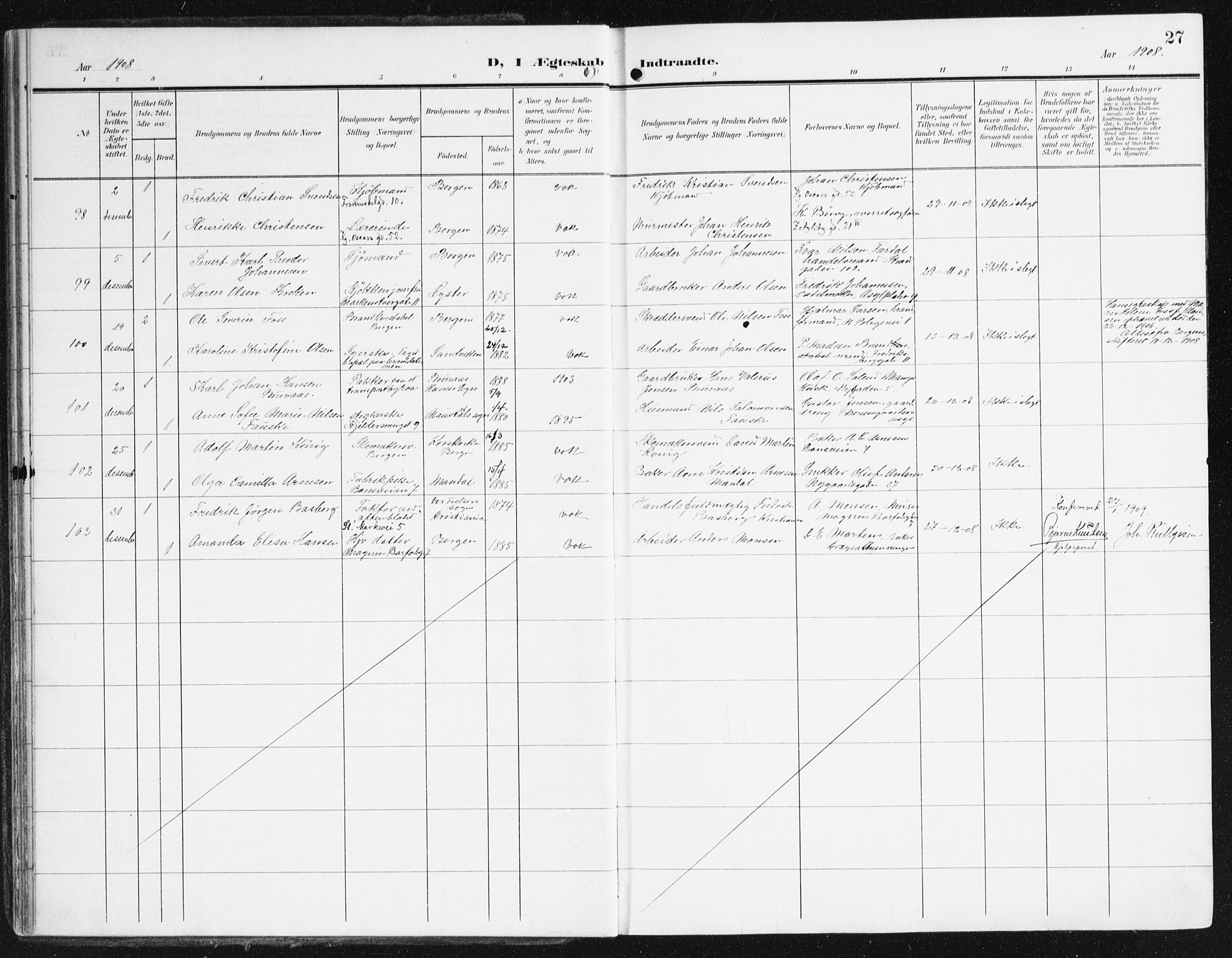 Domkirken sokneprestembete, SAB/A-74801/H/Haa/L0038: Ministerialbok nr. D 5, 1906-1921, s. 27