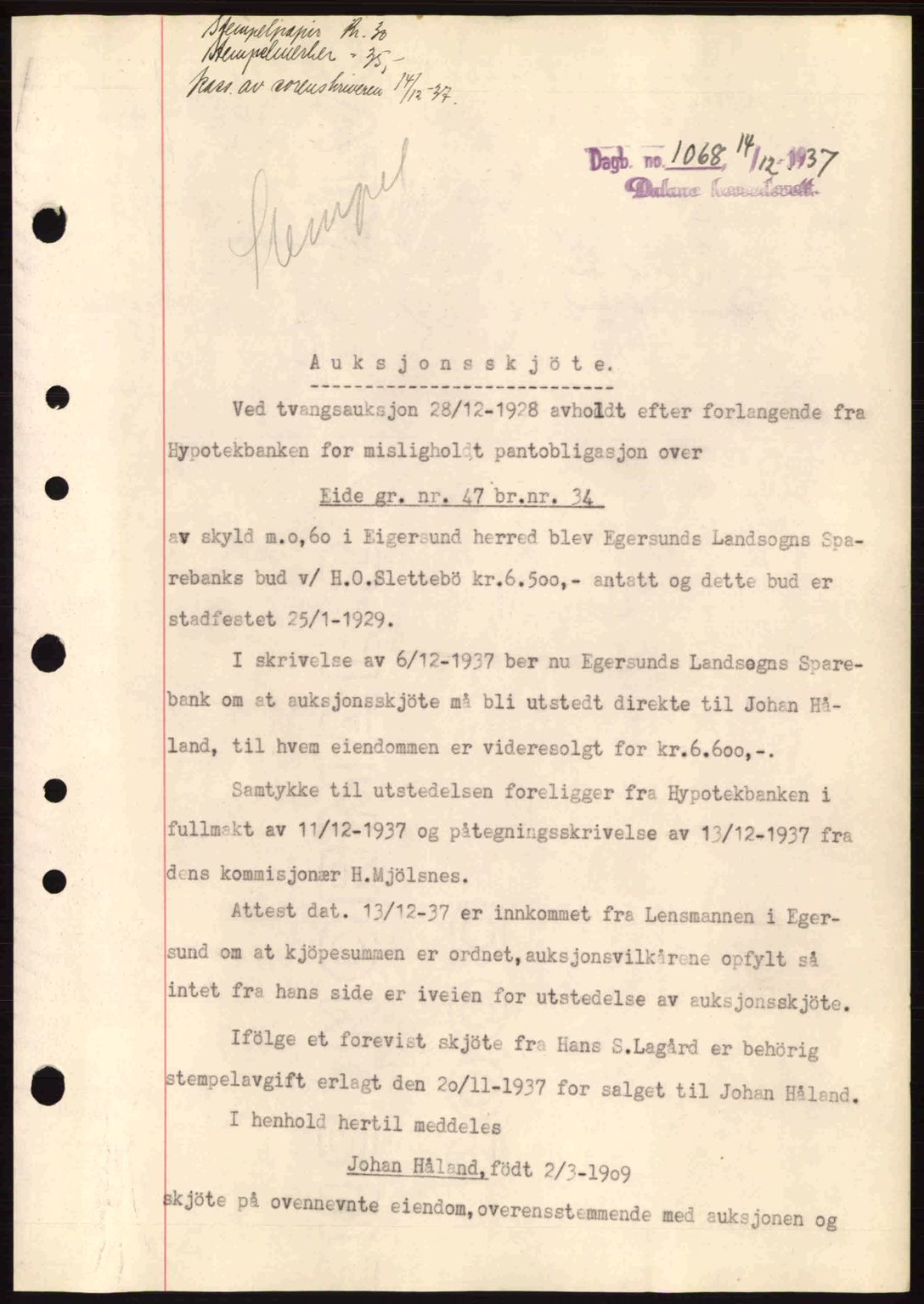 Dalane sorenskriveri, SAST/A-100309/02/G/Gb/L0041: Pantebok nr. A2, 1936-1937, Dagboknr: 1068/1937