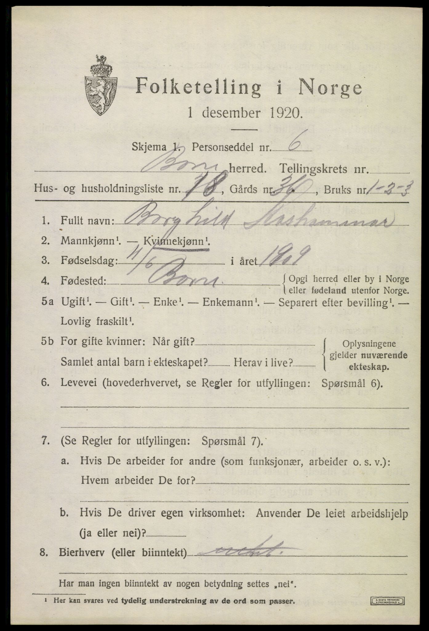 SAKO, Folketelling 1920 for 0717 Borre herred, 1920, s. 6240