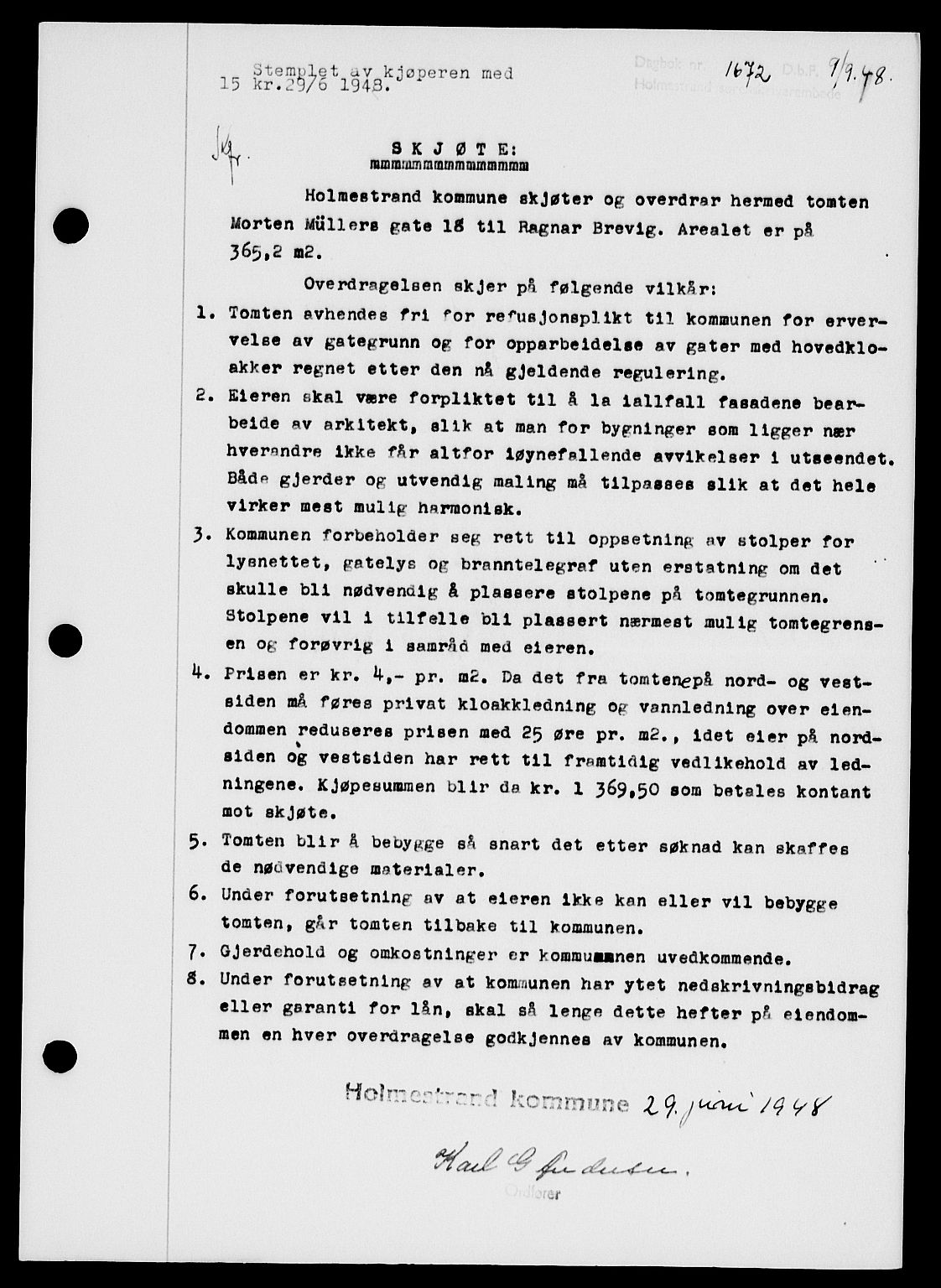 Holmestrand sorenskriveri, SAKO/A-67/G/Ga/Gaa/L0064: Pantebok nr. A-64, 1948-1948, Dagboknr: 1672/1948